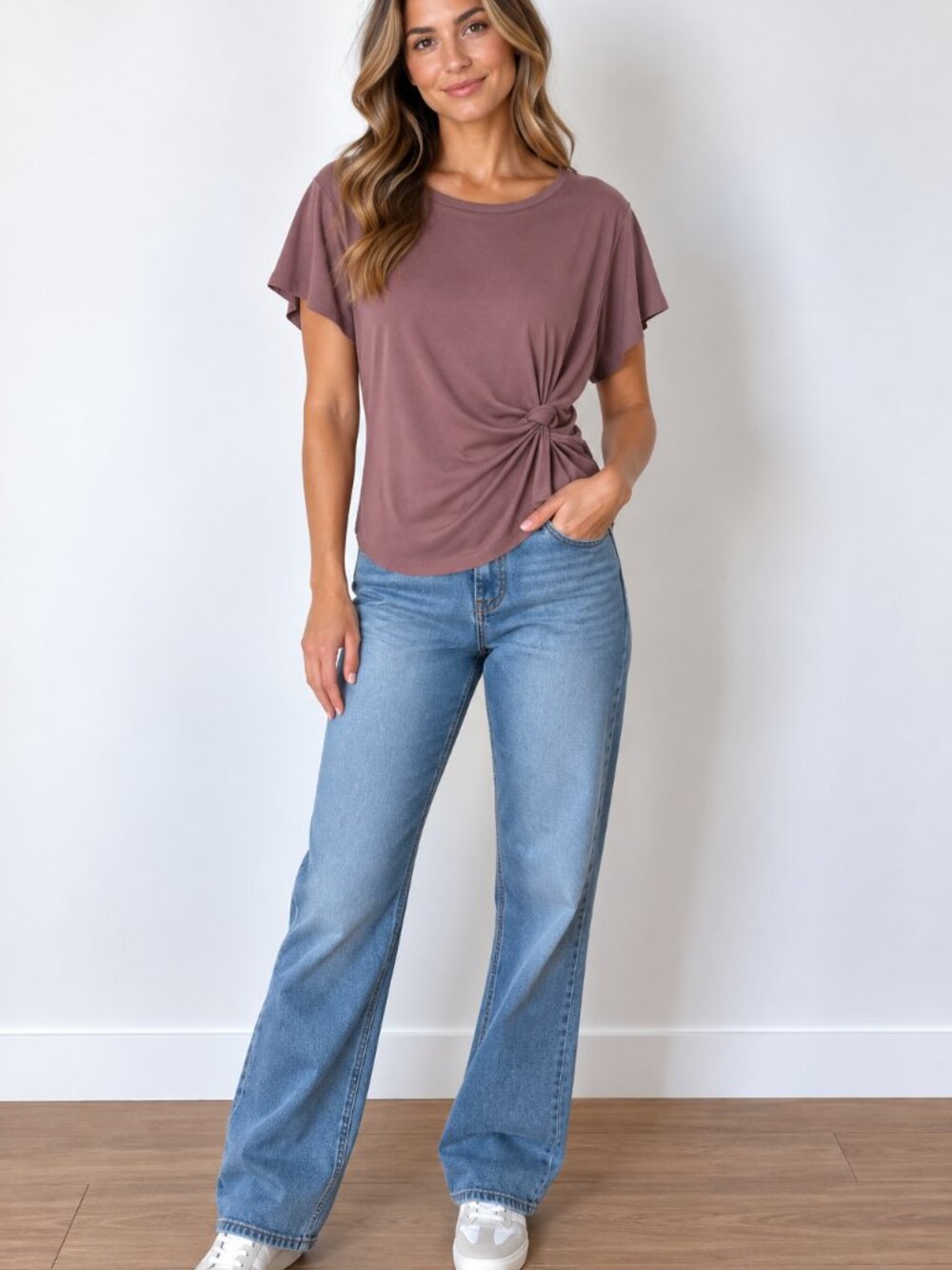 Leith Rose-mauve Side Knot Short Sleeve Top